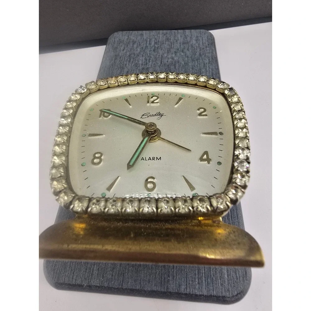 Vintage Bradley Alarm Clock Gold Tone Rhinestone Bezel West Germany 2.5in